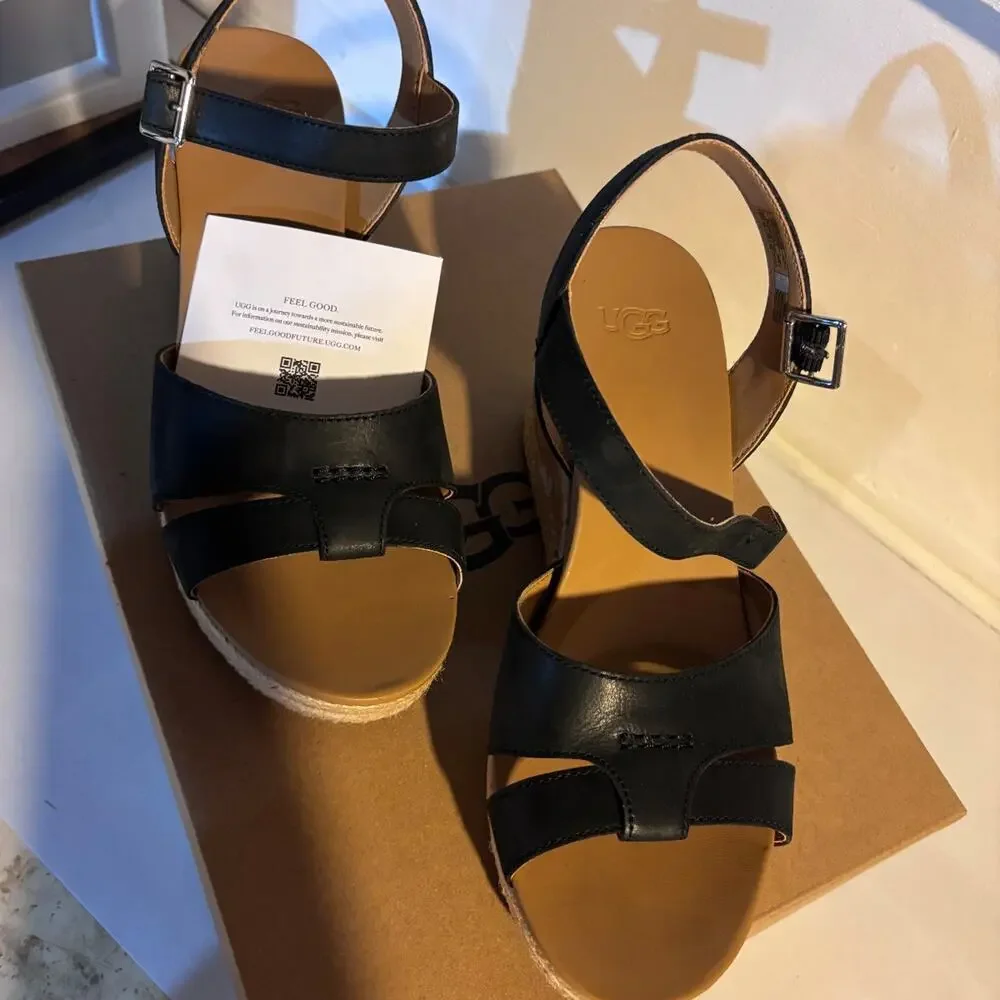 UGG Cloverdale Black Leather Espadrille Wedge Sandals